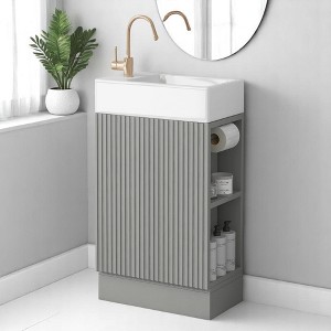 Mshliw 18.6" Bathroom Vanity with Ceramic Sink, Cabinet with Toilet Paper Holder & Two-Tier Shelf, Left or Right Orientation - 1 of 4