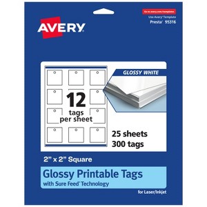 Avery Printable Square Tags with Sure Feed Technology, 2" x 2", Glossy White Cardstock, Print-to-the-Edge, Laser/Inkjet, 300 Total - 1 of 4