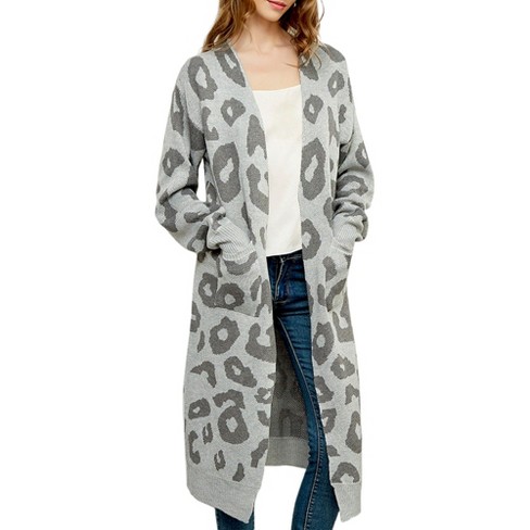 Anna kaci Women s Long Sleeve Leopard Print Cardigan Open Front With Pockets Small grey Target