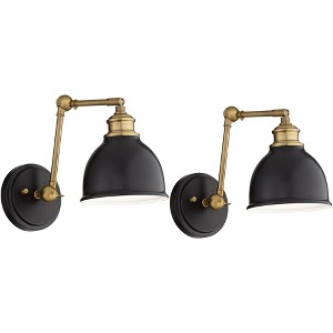 Barnes and Ivy Sania Modern Swing Arm Wall Lamps Set of 2 Black Brass Plug-in Light Fixture Adjustable Up Down Shade for Bedroom Bedside Living Room - 1 of 4