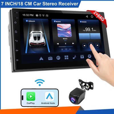 7" Double Din Car Stereo HD Touch Screen Wireless Handsfree Audio Receiver with CarPlay Android Auto