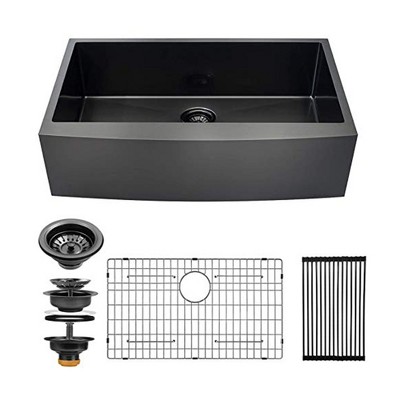 ALWEN 16 Gauge Stainless Steel Curved Apron Farmhouse Kitchen Sink with Grid & Drying Rack, Single Bowl, Top or Undermount, 33x21x10", Gunmetal Black