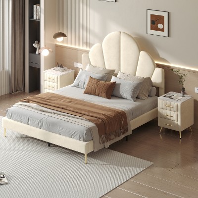 3 Pieces Bedroom Sets, Queen Size Velvet Upholstered Bed Frame with Petal Shape Headboard,  2 Nightstands with 3 Drawers-ModernLuxe