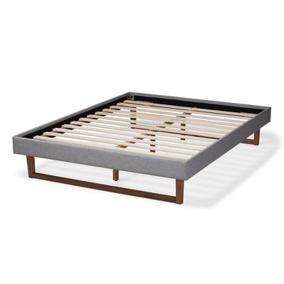 Liliya Queen-Size Walnut Wood & Light Grey Tufted Upholstered Bed Frame