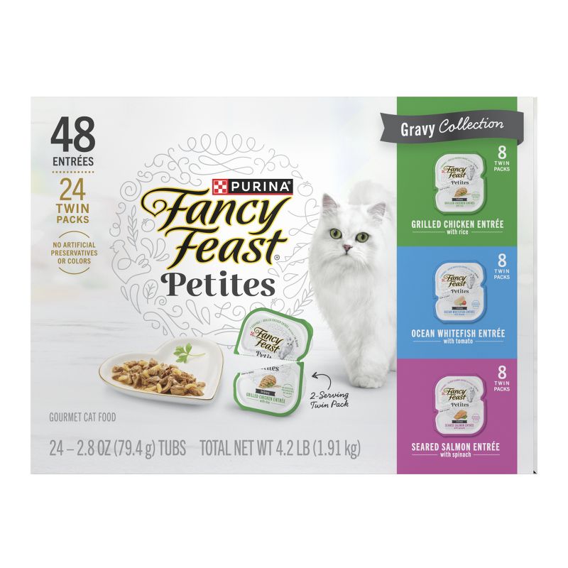 Purina Fancy Feast Petites Gourmet Collection Variety Pack Chicken, Salmon, Seafood and Fish Flavor Gravy Wet Cat Food - 2.8oz/48ct, 1 of 10