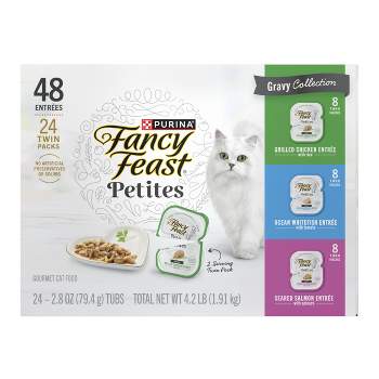 Purina Fancy Feast Petites Gourmet Collection Variety Pack Chicken, Salmon, Seafood and Fish Flavor Gravy Wet Cat Food - 2.8oz/48ct