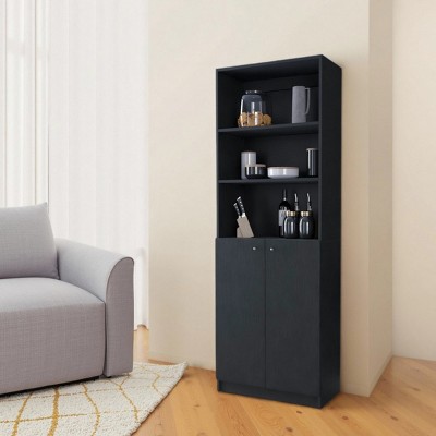 FURNIinspire Decorative Bookshelf Bookcase Storage Unit, Cube Organizer With 2 Door, Shelves For Living Room, Office, Black, 11.77"*24.72"*71.1"