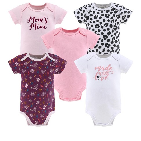 The Peanutshell Baby Girl Short Sleeve Bodysuits, 5-Pack, Pink, Cheetah/Pink Floral, Newborn to 24 Months - image 1 of 4