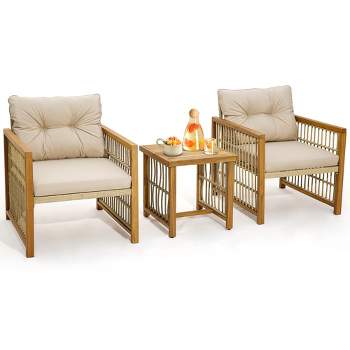 Tangkula 3PCS Patio Acacia Wood PE Wicker Furniture Set w/ Soft Seat & Back Cushions