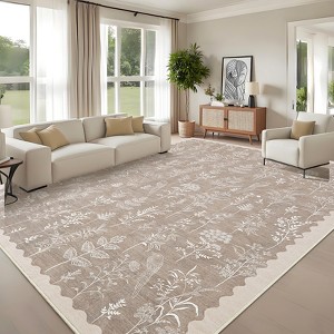 Washable Area Rugs for Living Room, Scalloped Floral Bedroom Rug, Non-Slip Stain Resistant Dining Table Carpet, Botanical Large Rug Neutral Carpet - 1 of 4