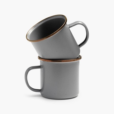 Slate Gray Enamel Coffee Mugs with Stainless Steel Rim, Set of 2