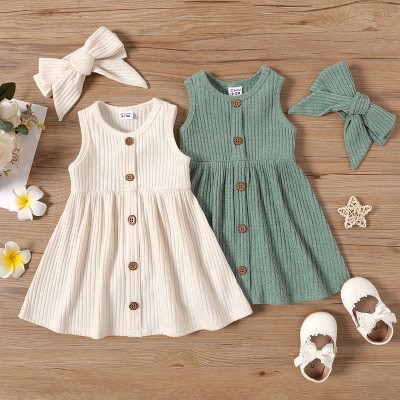 PATPAT Baby Toddler Girl Dresses Infant Sleeveless Summer Tank Button Dress Sundress Rib Knit with Headband