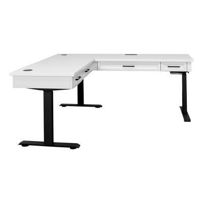 White Adjustable Height L-Desk with USB Ports and Drawer