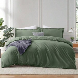 Olive Green Queen Duvet Cover Set, 3 Piece, Soft Double Brushed, 90x90 Inch Duvet with Buttons, 2 Pillow Shams - 1 of 4