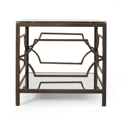 Cadley Modern Glam Mirrored End Table with Glass Top Black Gold - Christopher Knight Home