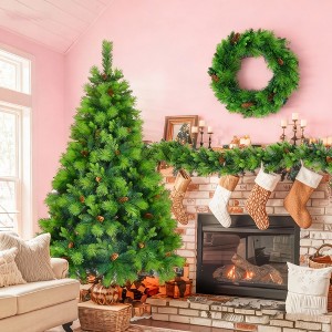 6FT Grass Green Pre-Lit Christmas Tree Set with Garland & Wreath, Hinged Artificial Xmas Tree with Pine Cones for Home & Holiday Party Decor - 1 of 4