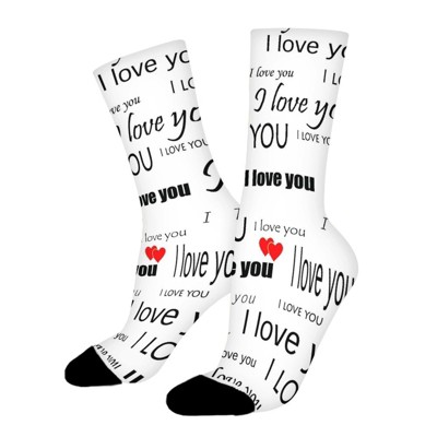 Hearts Superscription I Love You Women Printed Crew Socks Funny Funky Socks Soft Polyester Novelty Gifts for Artists Men