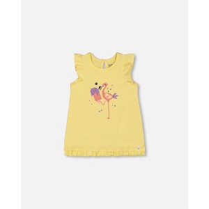 Deux par Deux Girl Organic Cotton Tunic with Frill and Print Yellow and Flamingo - 1 of 4