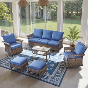 POCASSY 6 Piece All Weather Wicker Patio Furniture Set, Outdoor Conversation Set with Patio Sofa Couch Swivel Patio Chairs Coffee Table and Ottomans - 1 of 4
