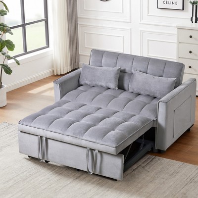 TiramisuBest 3-in-1 Convertible Sleeper Sofa Bed, Velvet Loveseat Futon Couch with Pull-Out Bed, Pillows & Storage Pockets, Black