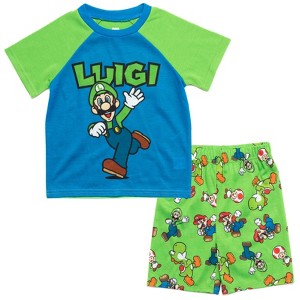 SUPER MARIO Nintendo Luigi Yoshi Toddler Boys Pajama Shirt Shorts blue / green 4T - 1 of 4