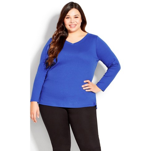 Avenue  Women's Plus Size V Neck Long Sleeve Top - Indigo Blue