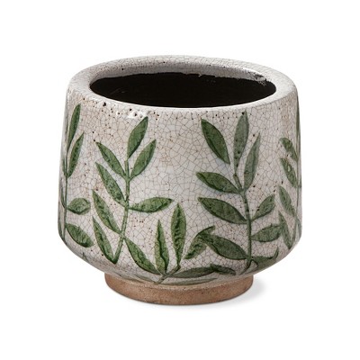tagltd Foliage Printed Glazed Decorative Terracotta Footed Planter Pot Medium 7.0L x 7.0W x 6.1H inches Holds Up to 5 inch Drop in Pot