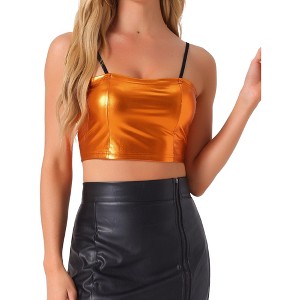 Allegra K Women's Spaghetti Strap Sleeveless Festival Party Clubwear Sparkly Shiny Metallic Crop Cami Top - 1 of 4