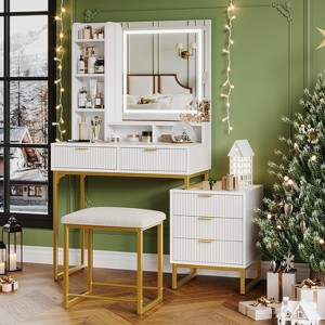 Makeup Vanity Desk with Mirror and Lights, Vanity Table Set with 3 Adjustable Lighting Colors, Dressing Table With 5 Large Drawers, White - 1 of 4