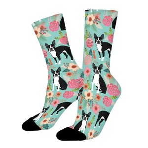 Boston Terrier Floral Women Printed Crew Socks Funny Funky Socks Soft Polyester Novelty Gifts for Artists Men - 1 of 1