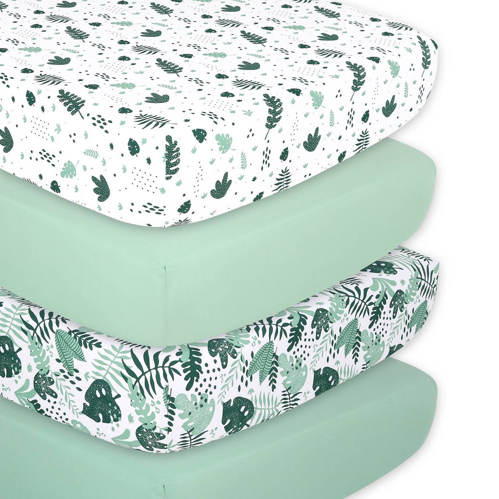 Photos - Bed Linen The Peanutshell Fitted Crib Sheets - Green Botanical Leaf - 4pk