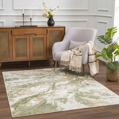 Green and Cream Abstract Polypropylene Area Rug 6'7" x 9'