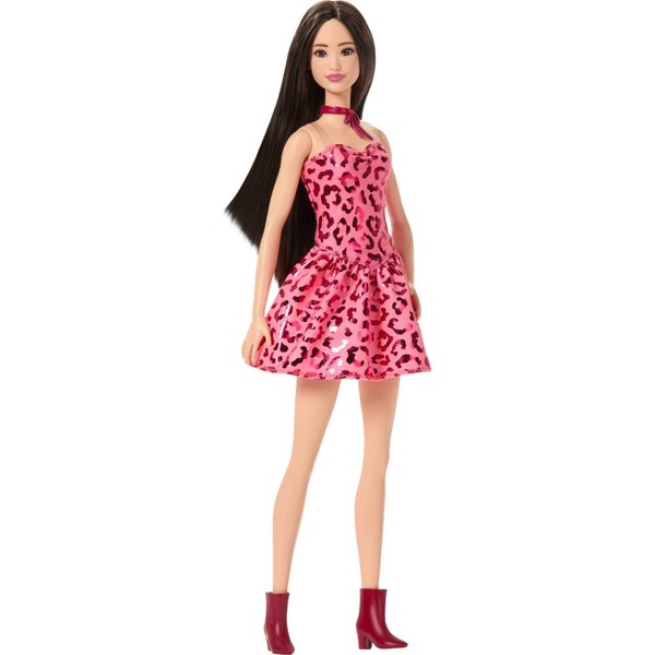 Muñeca Barbie Fashionistas #246 con vestido rosa de estampado de leopardo y cabello negro 5
