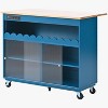 Acekool Rolling Kitchen Island with Sliding Fluted Glass Doors, Ambient Glow, Rubberwood Countertop, Power Outlets, Gray Blue - 2 of 4