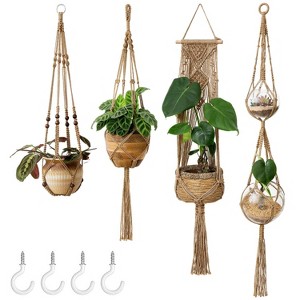 Aoibox Set of 4 Indoor Hanging Planters with Hooks, Decorative Flower Pot Holders for Home Decor, Brown - 1 of 4