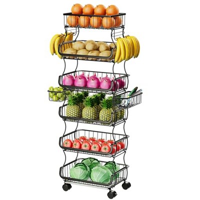 Simple Trending 6 Tier Rolling Cart, Stackable Fruit Vegetable Basket with Wheels and 2 Hanging Basket,Metal Wire Basket Stand, Black