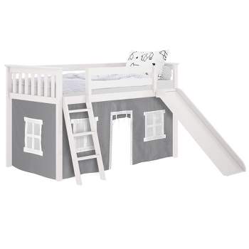 Max & Lily Twin Low Loft Bed with Slide and Grey Curtains, White