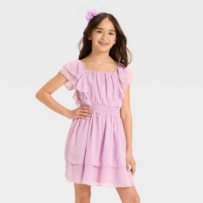 Girls' Floral Tiered Clip-Dot Chiffon Dress - Cat & Jack™ Lavender