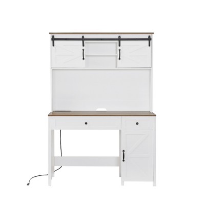 47" Farmhouse Executive Desk with Drawers, Wood Home Office Desk w/Charging Station, File Drawer, Storage Cabinet, Rustic Computer Writing Desk