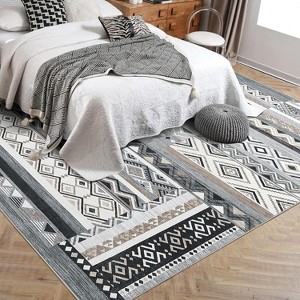 2x6 FT Vintage Patchwork Runner Rug,Washable Grey Non-Slip Geometric Carpet, Stain-Resistant Indigenous Soft Low-Pile Foldable Floor Mat - 1 of 4