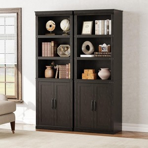 5 Tier Bookcase with Cabinet Doors, Farmhouse Bookshelf 68.7" Tall, Wooden Storage Shelf for Home Office, Living Room, Grey/White/Dark Oak - 1 of 4