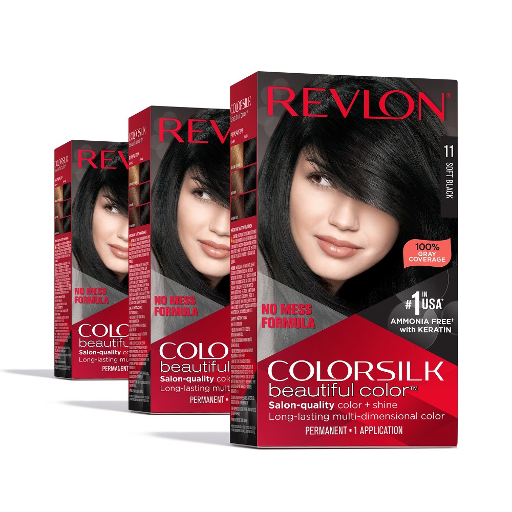Photos - Hair Dye Revlon ColorSilk Beautiful Color 100 Gray Coverage Ammonia-Free Permanent Hair Color - 011 Soft Black - 13.2 fl oz/3ct 11 So 