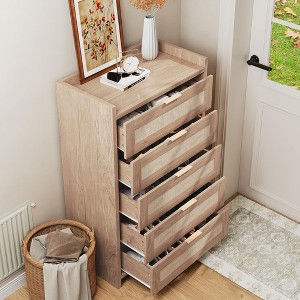 GustoWave Rustic Rattan 5 Drawers Dresser, 45 in Tall Boho Dresser with Golden Metal Handles, Chest of Drawers, Clothes Storage Cabinet - 1 of 4