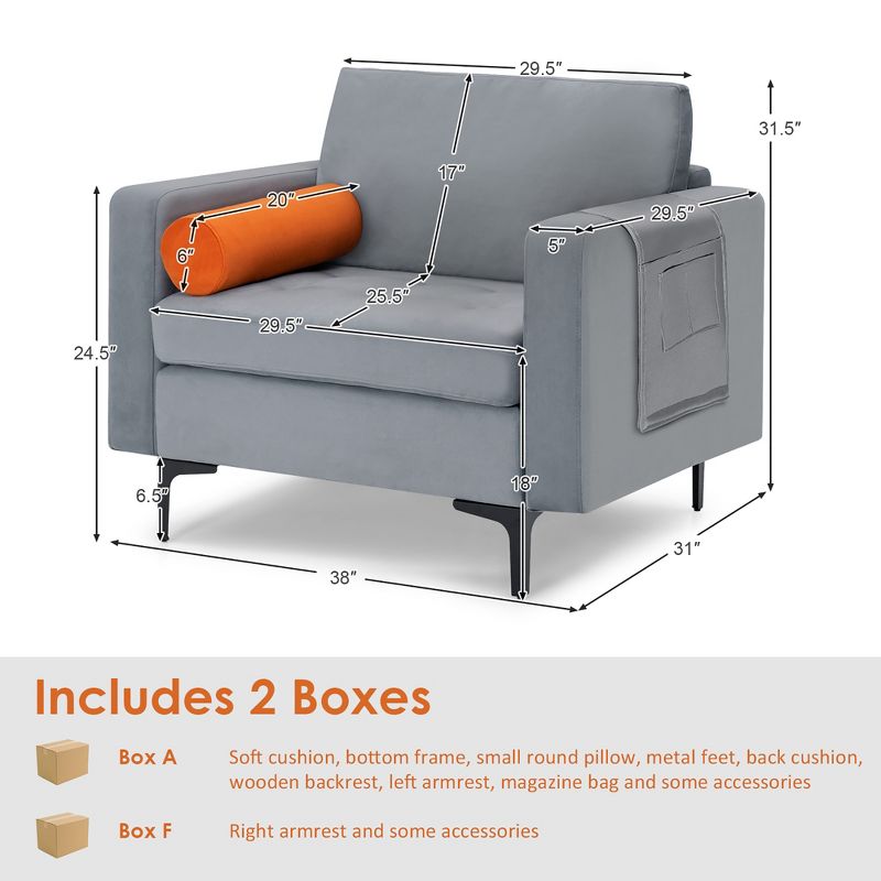 Costway Fabric Accent Armchair Single Sofa w/ Bolster & Side Storage Pocket Ash Grey, 4 of 11