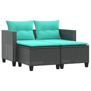 vidaXL Black Poly Rattan 2-Seater Patio Sofa with Comfort Stools - Weather-Resistant Outdoor Furniture with Blue Cushions and Easy-Wash Covers - 1 of 4