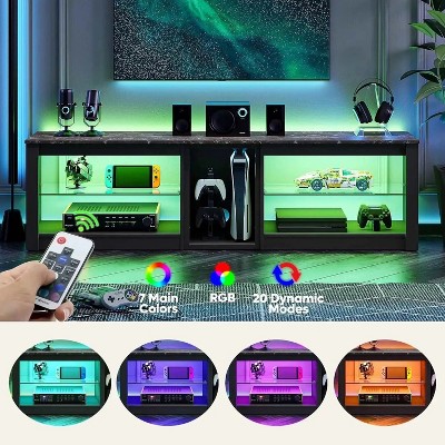 Black Marble 63-inch TV Stand with LED Lights and Glass Shelves