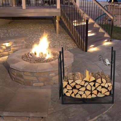 Black Steel Firewood Rack with 4-Piece Tool Set and Kindling Holders