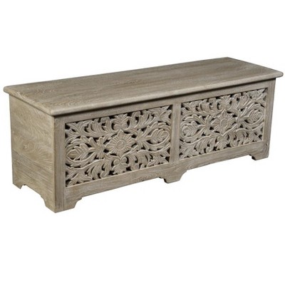 HomeRoots 52" Gray Distressed Solid Wood Carved Floral Storage Ottoman