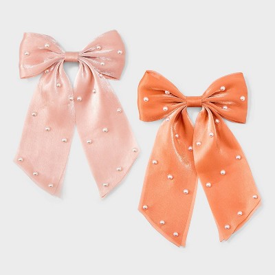 Shimmer Chiffon Hair Bow with Pearls Set 2pc - A New Day™