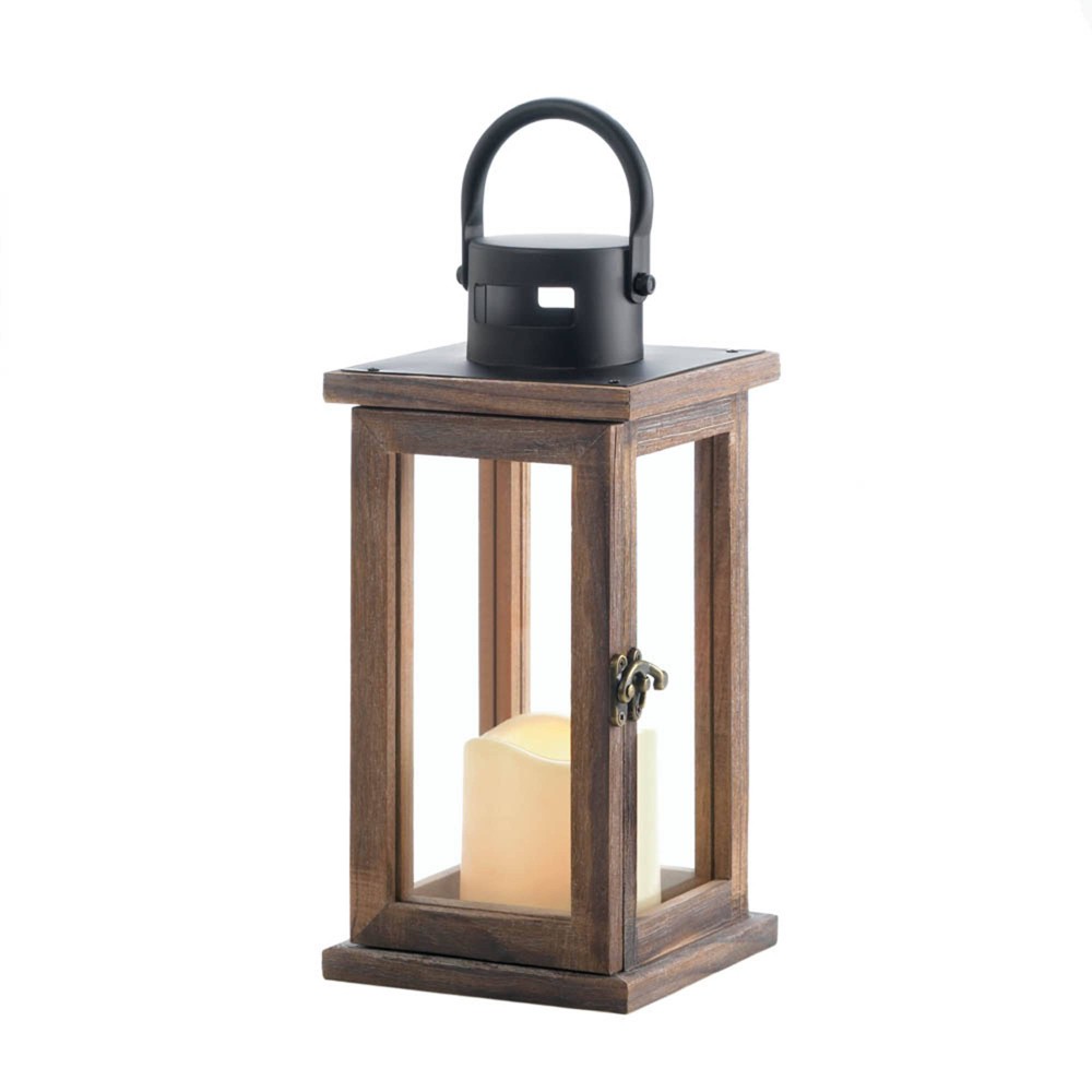 Photos - Figurine / Candlestick 7.1" Wood Lodge Outdoor Lantern with LED Candle Brown - Zingz & Thingz